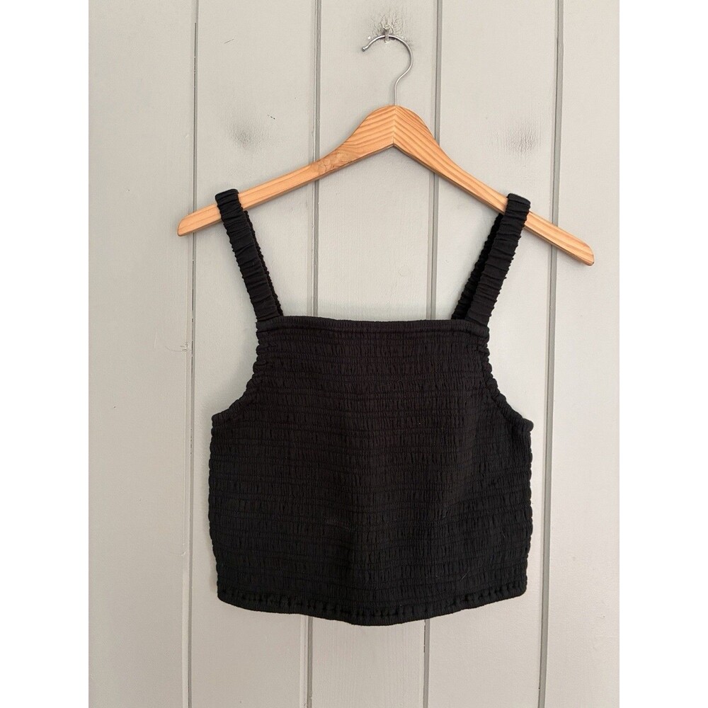 Marine Layer Lila Double Cloth Smocked Cropped Tank Top M Medium Black
